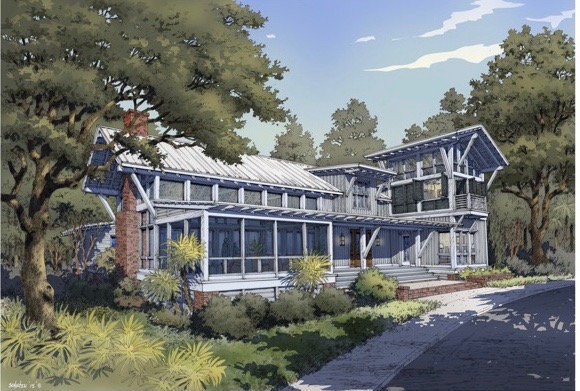 Picture of a gray, two-story house. There are bushes in front with trees on the left and right. There is grass to the left and right  of the sidewalk.