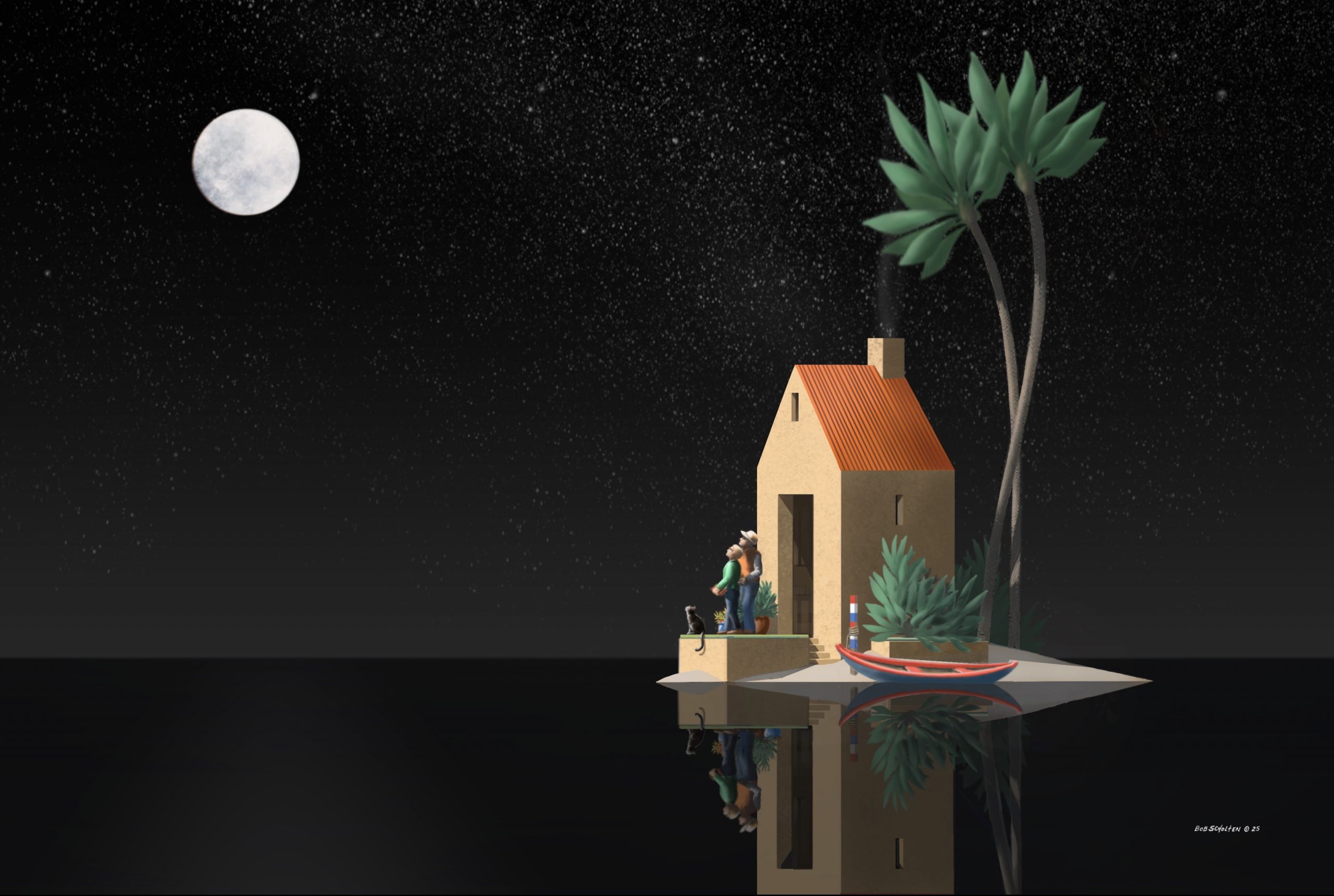 Picture of a house on a small island with a palm tree. It is surrounded by water with a moon, star field and a night sky.