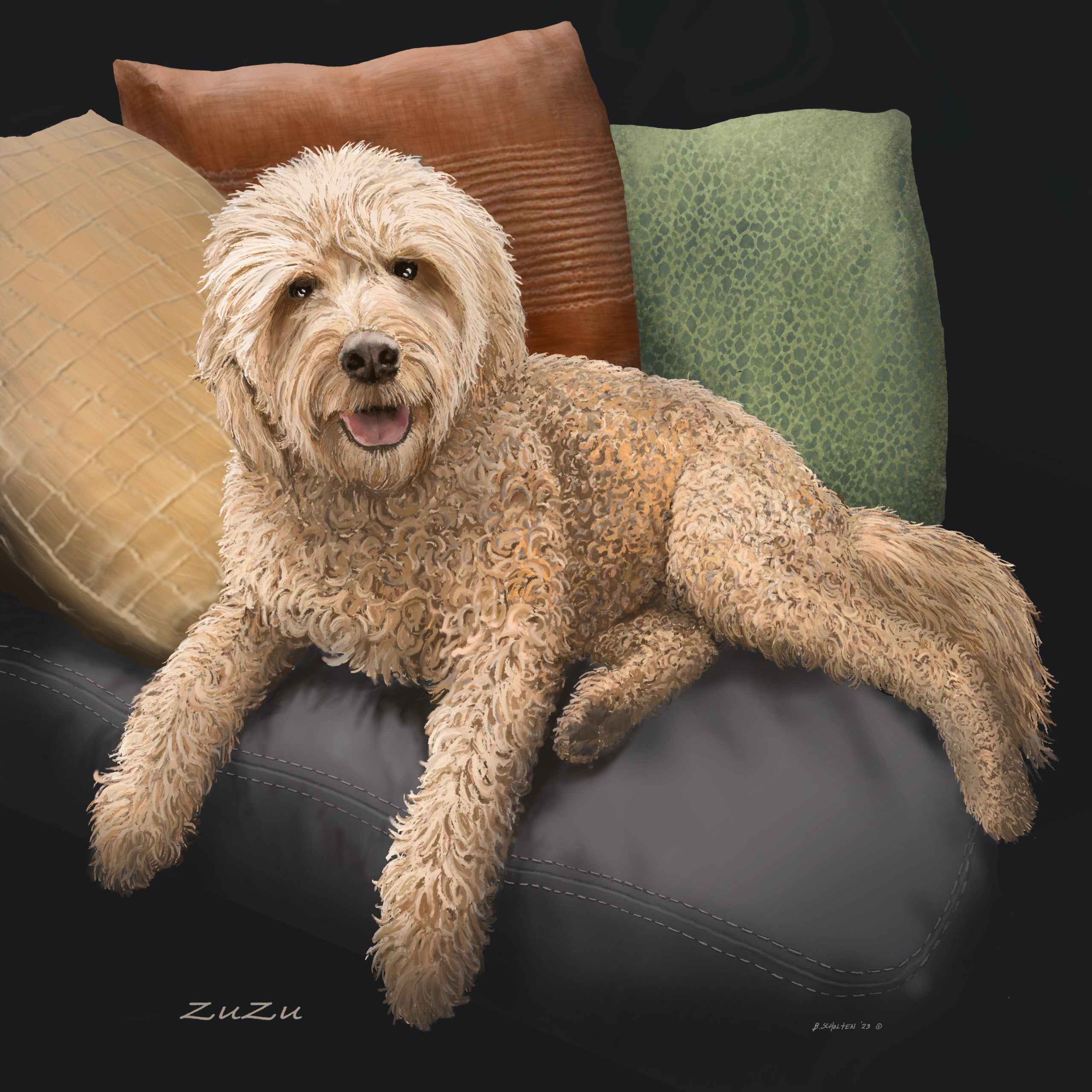 Picture of a dog with curly hair sitting on a piece of gray furniture. There are three pillows behind animal. One each, yellow, red and green.